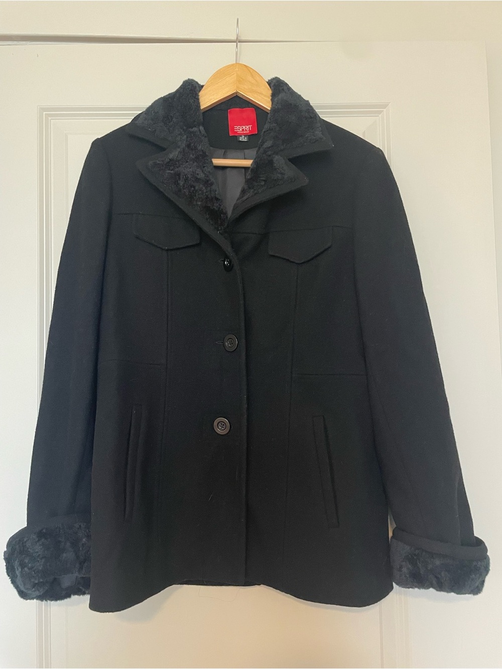 Esprit Black Wool-Blend Coat with Faux-Fur Trim